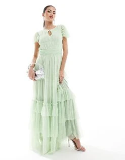 Lace & Beads High Neck Tulle Maxi Dress In Sage For Women -Doll Wear Style 206807407 1 sage 1