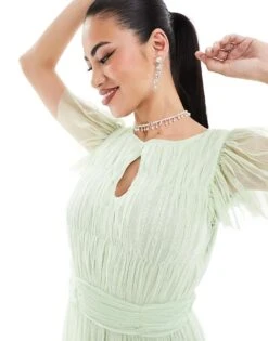 Lace & Beads High Neck Tulle Maxi Dress In Sage For Women -Doll Wear Style 206807407 4