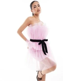 Lace & Beads Bandeau Tulle Bow Mini Dress In Pink For Women -Doll Wear Style 206807415 1 pink 1