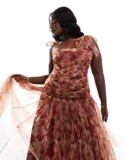 Lace & Beads Plus Drop Waist Bow Shoulder Midaxi Dress In Rose Print For Women -Doll Wear Style 206873254 3