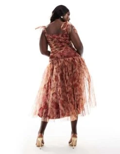 Lace & Beads Plus Drop Waist Bow Shoulder Midaxi Dress In Rose Print For Women -Doll Wear Style 206873254 4