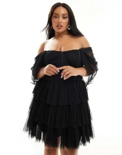 Lace & Beads Plus Off Shoulder Corset Tulle Mini Dress In Black For Women -Doll Wear Style 206873288 3