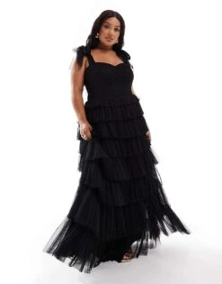Lace & Beads Plus Bow Shoulder Ruffle Maxi Dress In&nbsp;black For Women -Doll Wear Style 206873318 1 black 1