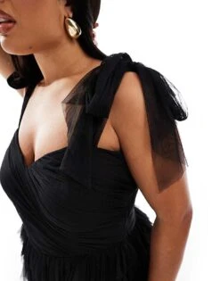 Lace & Beads Plus Bow Shoulder Ruffle Maxi Dress In&nbsp;black For Women -Doll Wear Style 206873318 3