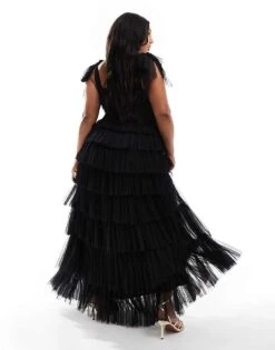 Lace & Beads Plus Bow Shoulder Ruffle Maxi Dress In&nbsp;black For Women -Doll Wear Style 206873318 4