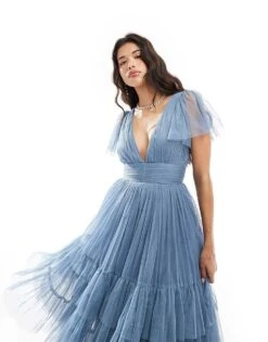 Lace & Beads Madison V Neck Tulle Midi Dress In Deep Blue For Women -Doll Wear Style 206928894 4