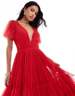 Lace & Beads Madison V Neck Tulle Midi Dress In Red For Women