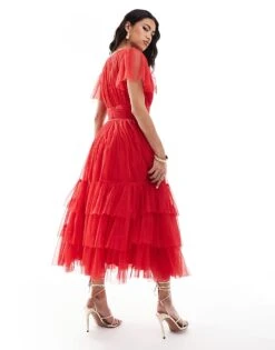 Lace & Beads Madison V Neck Tulle Midi Dress In Red For Women -Doll Wear Style 206928895 3