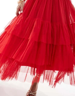 Lace & Beads Madison V Neck Tulle Midi Dress In Red For Women -Doll Wear Style 206928895 4