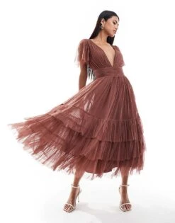 Lace & Beads Madison V Neck Tulle Midi Dress In Rose Brown For Women
