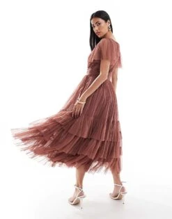 Lace & Beads Madison V Neck Tulle Midi Dress In Rose Brown For Women -Doll Wear Style 206928896 4