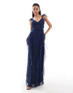 Lace & Beads Tulle Ruffle Maxi Dress In Navy For Women