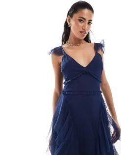 Lace & Beads Tulle Ruffle Maxi Dress In Navy For Women -Doll Wear Style 207005614 3