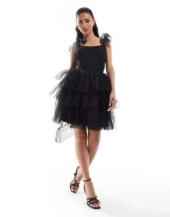 Lace & Beads Bow Shoulder Corset Tulle Mini Dress In Black For Women