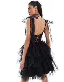 Lace & Beads Bow Shoulder Corset Tulle Mini Dress In Black For Women -Doll Wear Style 207005616 3