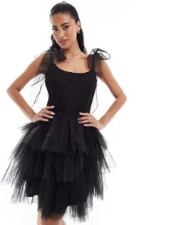 Lace & Beads Bow Shoulder Corset Tulle Mini Dress In Black For Women -Doll Wear Style 207005616 4