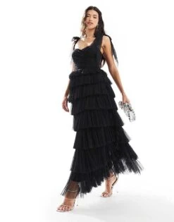Lace & Beads Bow Shoulder Tulle Maxi Dress In Black For Women
