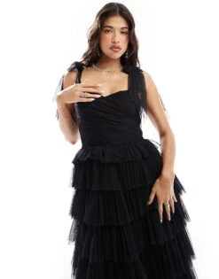 Lace & Beads Bow Shoulder Tulle Maxi Dress In Black For Women -Doll Wear Style 207005618 3