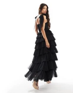 Lace & Beads Bow Shoulder Tulle Maxi Dress In Black For Women -Doll Wear Style 207005618 4