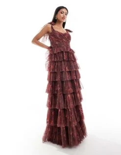 Lace & Beads Bow Shoulder Tulle Maxi Dress In Purple Floral For Women