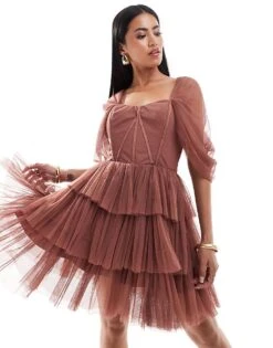 Lace & Beads Off Shoulder Corset Tulle Mini Dress In Rose Brown For Women -Doll Wear Style 207005650 1 rosebrown 1
