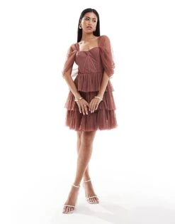 Lace & Beads Off Shoulder Corset Tulle Mini Dress In Rose Brown For Women -Doll Wear Style 207005650 2