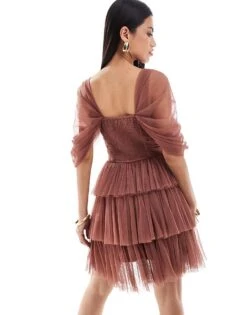 Lace & Beads Off Shoulder Corset Tulle Mini Dress In Rose Brown For Women -Doll Wear Style 207005650 4