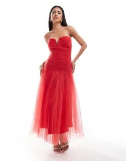 Lace & Beads Drop Hem Tulle Maxi Dress In Red For Women