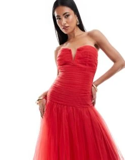 Lace & Beads Drop Hem Tulle Maxi Dress In Red For Women -Doll Wear Style 207005664 4