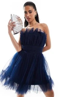 Lace & Beads Bandeau Structured Tulle Mini Dress In Navy For Women -Doll Wear Style 207005680 4