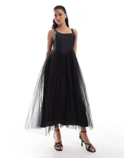 Lace & Beads Drop Hem Corset Maxi Dress In Black For Women