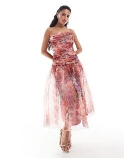 Lace & Beads Drop Hem Tulle Midaxi Dress In Red And Cobalt Floral For Women Red/cobalt Floral -Doll Wear Style 207005726 1 redcobaltfloral 1