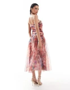 Lace & Beads Drop Hem Tulle Midaxi Dress In Red And Cobalt Floral For Women Red/cobalt Floral -Doll Wear Style 207005726 3