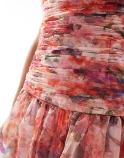 Lace & Beads Drop Hem Tulle Midaxi Dress In Red And Cobalt Floral For Women Red/cobalt Floral -Doll Wear Style 207005726 4