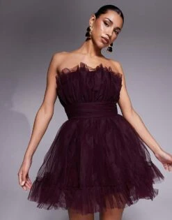 Lace & Beads Bandeau Structured Mini Tulle Dress In Plum For Women Burgundy Floral -Doll Wear Style 207185342 1 burgundyfloral 1