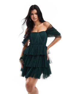 Lace & Beads Off Shoulder Corset Tulle Mini Dress In Emerald Green For Women -Doll Wear Style 207185343 1 emeraldgreen 1