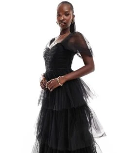 Lace & Beads Ruched Tulle Tiered Midi Dress In Black For Women