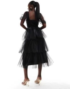 Lace & Beads Ruched Tulle Tiered Midi Dress In Black For Women -Doll Wear Style 207185359 3
