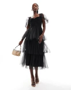 Lace & Beads Ruched Tulle Tiered Midi Dress In Black For Women -Doll Wear Style 207185359 4