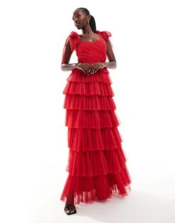 Lace & Beads Bow Shoulder Tiered Tulle Maxi Dress In Red For Women -Doll Wear Style 207185374 1 red 1