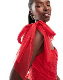 Lace & Beads Bow Shoulder Tiered Tulle Maxi Dress In Red For Women -Doll Wear Style 207185374 3