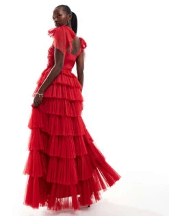 Lace & Beads Bow Shoulder Tiered Tulle Maxi Dress In Red For Women -Doll Wear Style 207185374 4