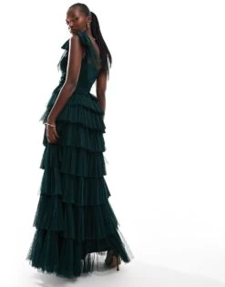 Lace & Beads Bow Shoulder Tiered Tulle Maxi Dress In Emerald For Women Emerald Green -Doll Wear Style 207185382 2