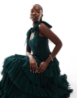 Lace & Beads Bow Shoulder Tiered Tulle Maxi Dress In Emerald For Women Emerald Green -Doll Wear Style 207185382 3