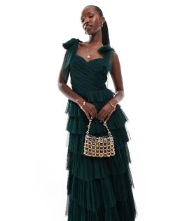 Lace & Beads Bow Shoulder Tiered Tulle Maxi Dress In Emerald For Women Emerald Green -Doll Wear Style 207185382 4