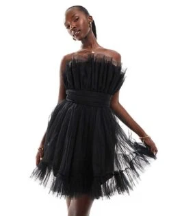 Lace & Beads Bandeau Structured Mini Dress In Black For Women