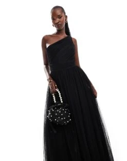 Lace & Beads Bridesmaid One Shoulder Tulle Maxi Dress In Black For Women -Doll Wear Style 207185604 1 black 1