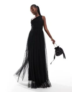 Lace & Beads Bridesmaid One Shoulder Tulle Maxi Dress In Black For Women -Doll Wear Style 207185604 3
