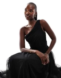 Lace & Beads Bridesmaid One Shoulder Tulle Maxi Dress In Black For Women -Doll Wear Style 207185604 4