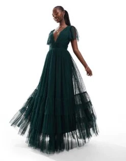 Lace & Beads Bridesmaid Madison V Neck Tulle Maxi Dress In Emerald For Women Emerald Green -Doll Wear Style 207185625 1 emeraldgreen 1
